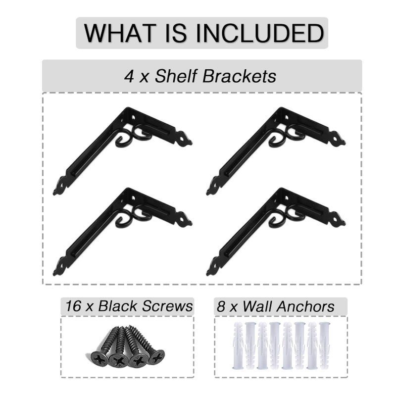 OVOV Shelf Brackets 4 Pcs Heavy Duty Decorative 8 Inch Black Right Angle Shelving Brackets Wall Mounted Shelf Supports for DIY Home Kitchen Living Room - Image 4